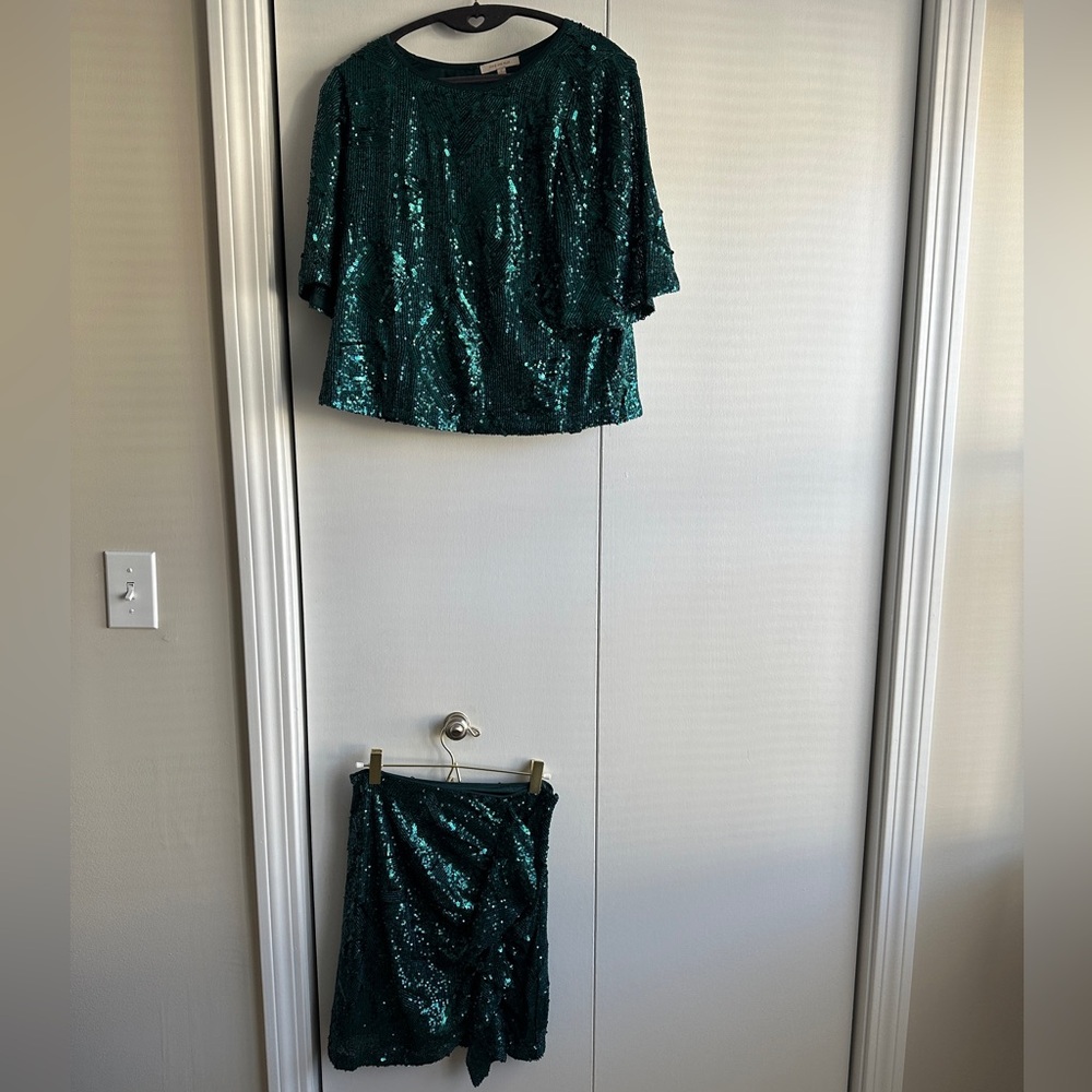 Green Sequin Top and Skirt Set